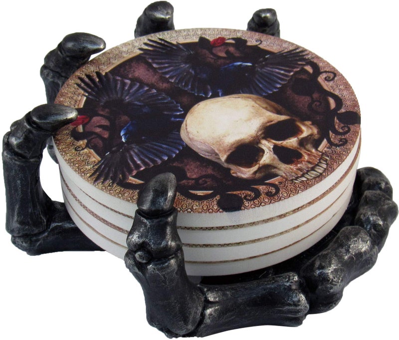 DWK - Helping Hand - Beautiful Gothic Skull Beverage Coasters with Creepy Skeleton Hand Holder for Halloween Home Kitchen Dining and Bar DÃ©cor Accent, 5.5-inch - Image 3